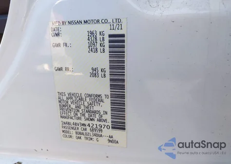 2021 Nissan Altima S Fwd z USA, uszkodzony, nr VIN 1N4BL4BV3MN421970